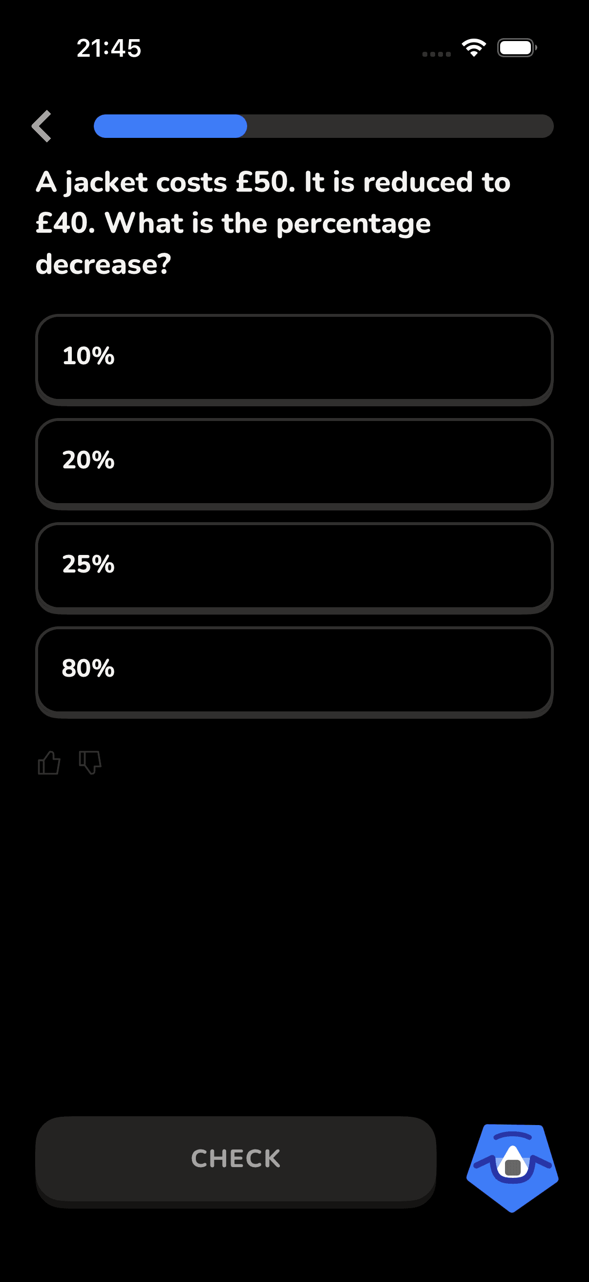 A percentage-decrease question in the Lurnly app with four answer options